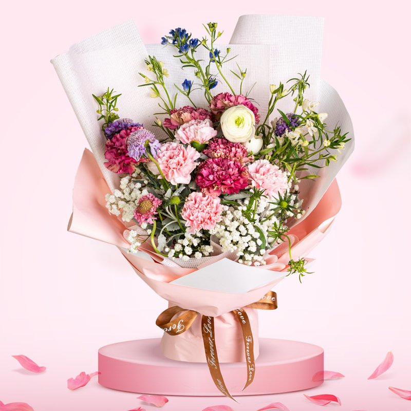 Flower Bouquet (9 Carnations, Cordyceps, Gypsophila, Little Delphinium and Other - ตกแต่งต้นไม้ - พืช/ดอกไม้ 