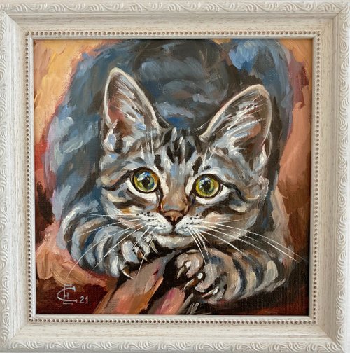 猫オリジナル油絵フレーム付き動物画 - ショップ Soulart ウォールデコ