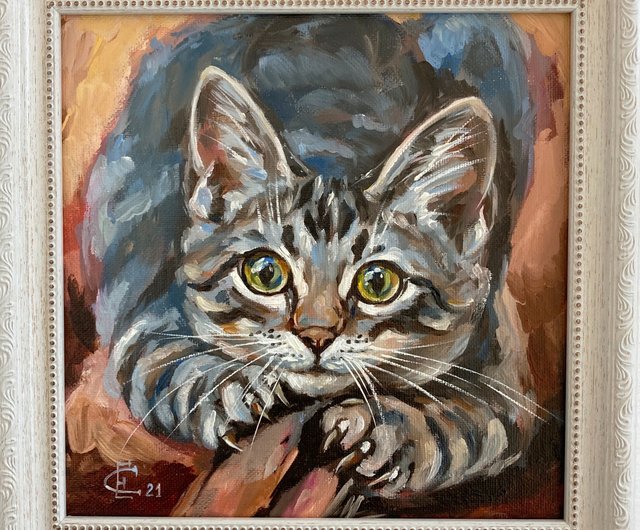 Cat original oil painting with frame animal painting - Shop