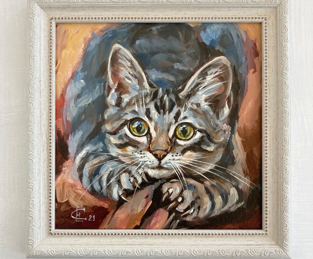 猫オリジナル油絵フレーム付き動物画 - ショップ Soulart ウォールデコ
