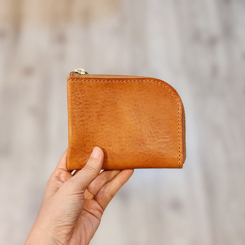 L-shaped zipper wallet short clip for loose change - กระเป๋าสตางค์ - หนังแท้ สีส้ม