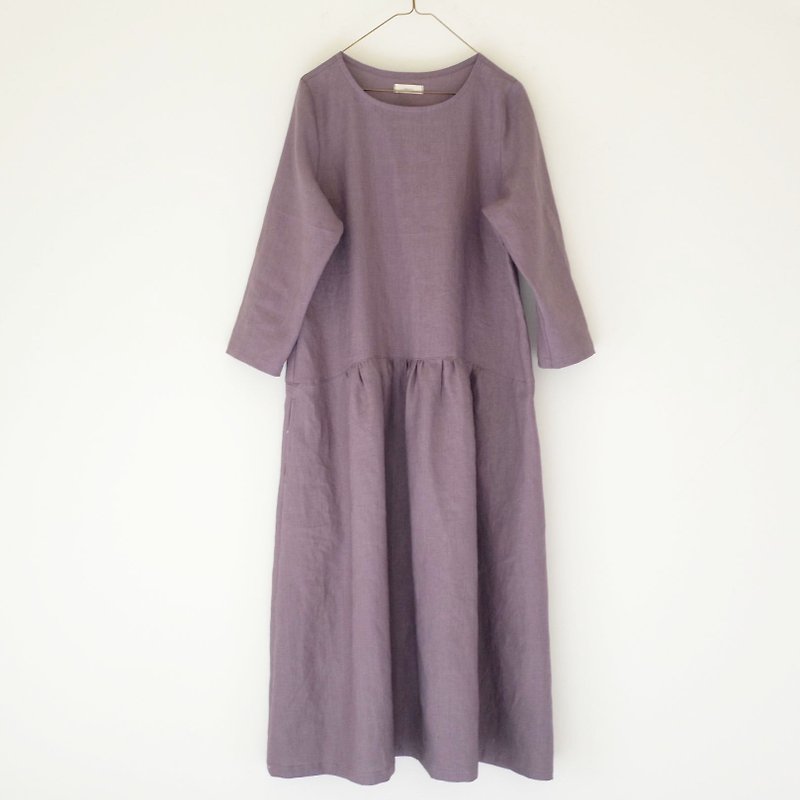 日常手作服 森林女孩紫灰八分袖長洋裝 亞麻 - 洋裝/連身裙 - 棉．麻 灰色