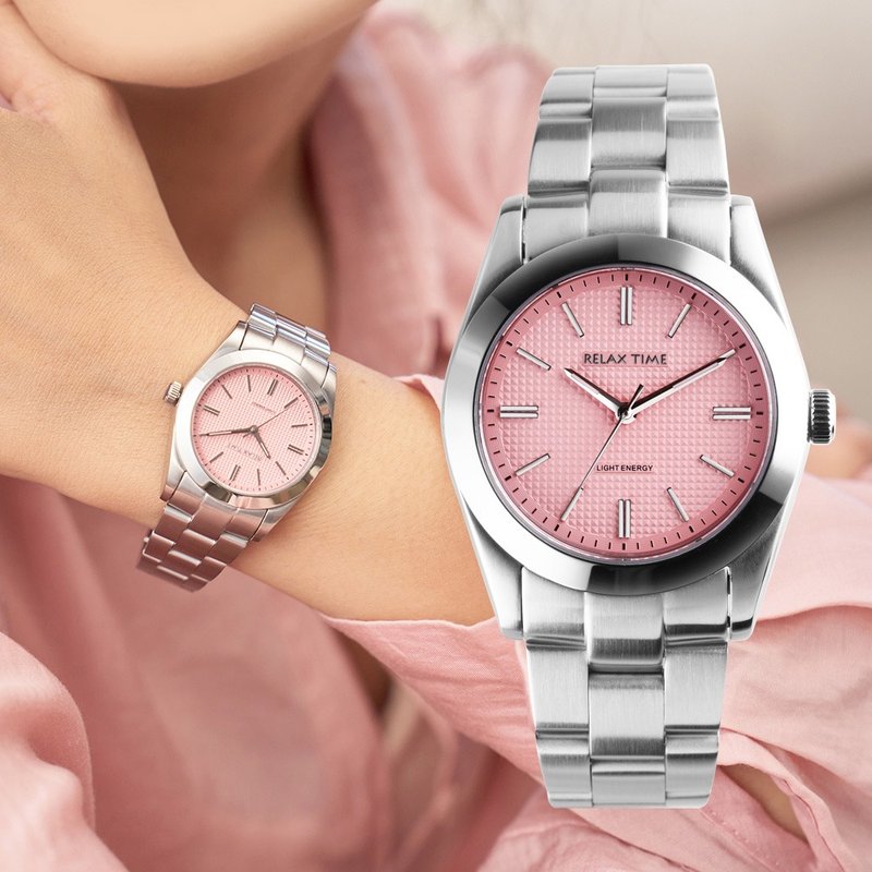 Relax time solar classic three-dimensional plaid women's watch-pink (RT-105S-5L) 34mm - นาฬิกาผู้หญิง - สแตนเลส สึชมพู