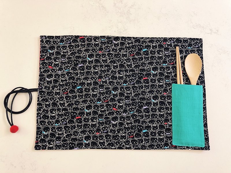 Handmade rope placemat - cat - with cutlery storage bag - ผ้ารองโต๊ะ/ของตกแต่ง - ผ้าฝ้าย/ผ้าลินิน สีดำ