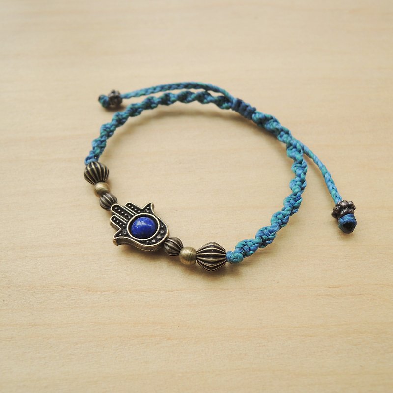 Palm Blessing/ Natural Stone x Brazil Silk Wax Thread Bracelet - สร้อยข้อมือ - เครื่องเพชรพลอย สีน้ำเงิน