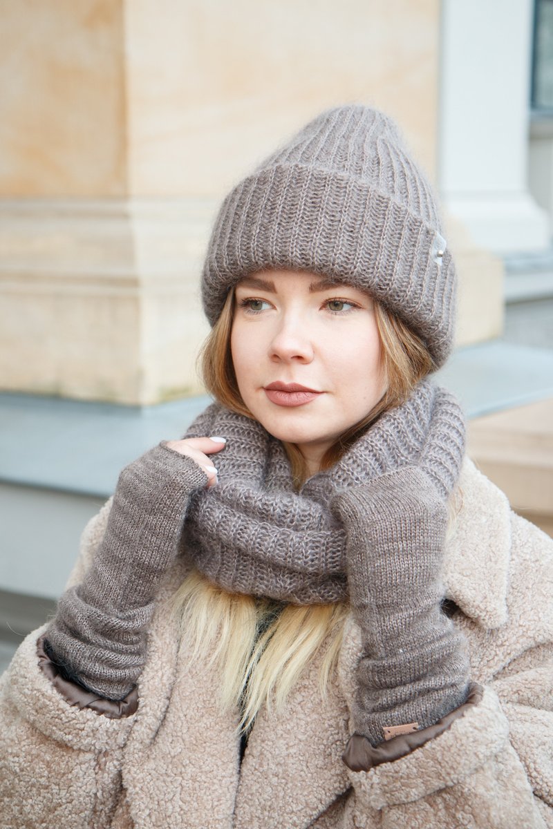 Mohair silk snood. Taupe beige round scarf - Scarves - Wool Brown