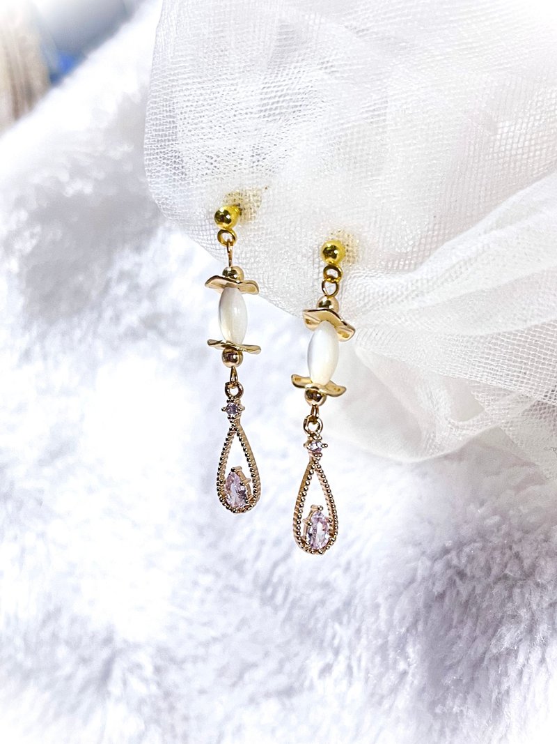 [Can be customized] Shell beads • Stone| 14K gold-filled crystal earrings - ต่างหู - เปลือกหอย ขาว