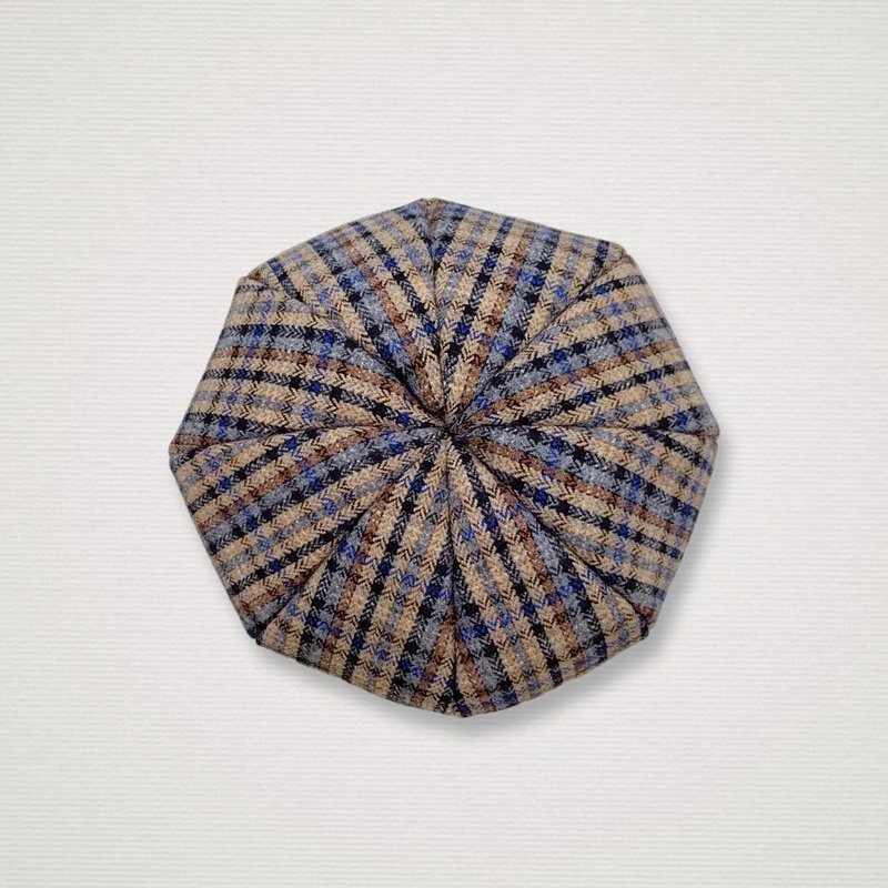 貝雷帽 貝蕾帽 毛呢 格紋 手工帽 小牛村 /毛呢小藍格 - 帽子 - 棉．麻 藍色