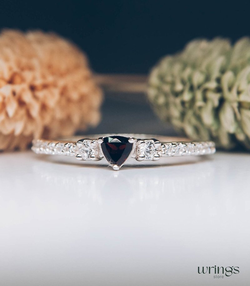 Dainty Trillion Red Small Garnet Engagement Ring 3 Stone with Side White CZ - General Rings - Sterling Silver Red
