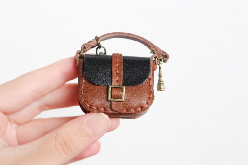 Genuine Leather Miniature Bag Bag Charm Brown and Black with Strap - พวงกุญแจ - หนังแท้ สีดำ