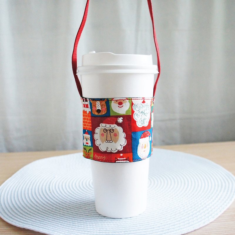 Lovely【Japanese cloth】Santa Claus square drink cup bag, cup holder, carrying bag【Red】 - ถุงใส่กระติกนำ้ - ผ้าฝ้าย/ผ้าลินิน สีแดง