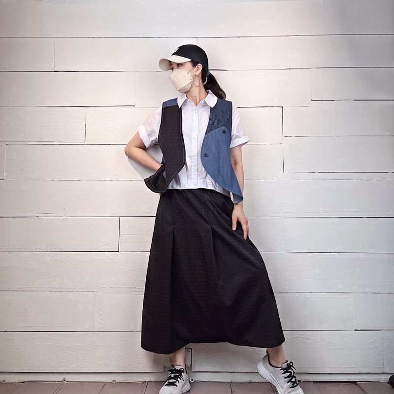 Black color block pleated flying squirrel pants #U2034 - กางเกงขายาว - ผ้าฝ้าย/ผ้าลินิน สีดำ