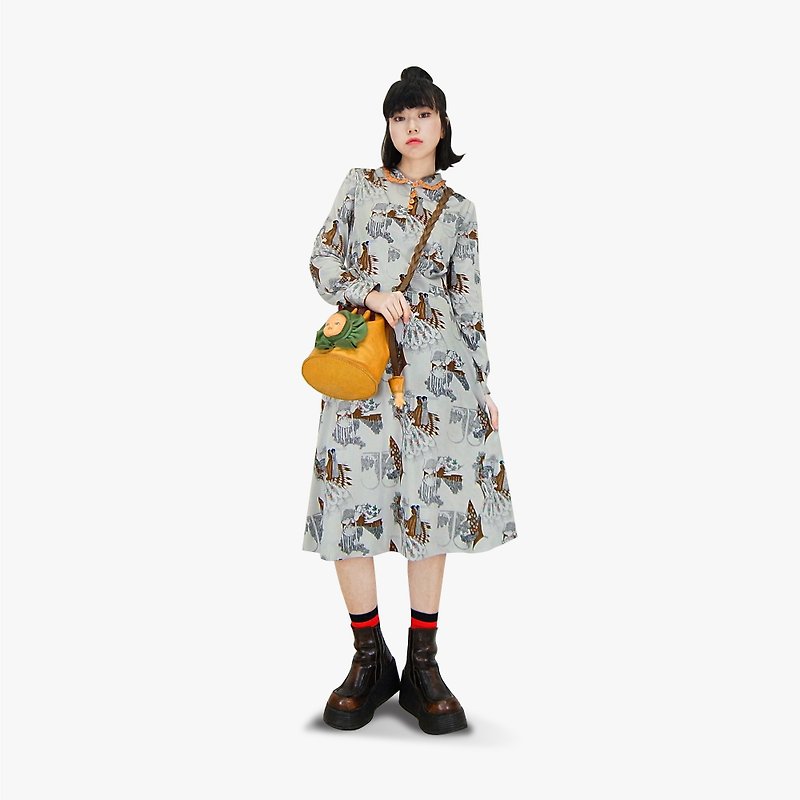 A‧PRANK :DOLLY :: Gray European Lady Pattern Vintage Dress (D802022) - One Piece Dresses - Cotton & Hemp Gray