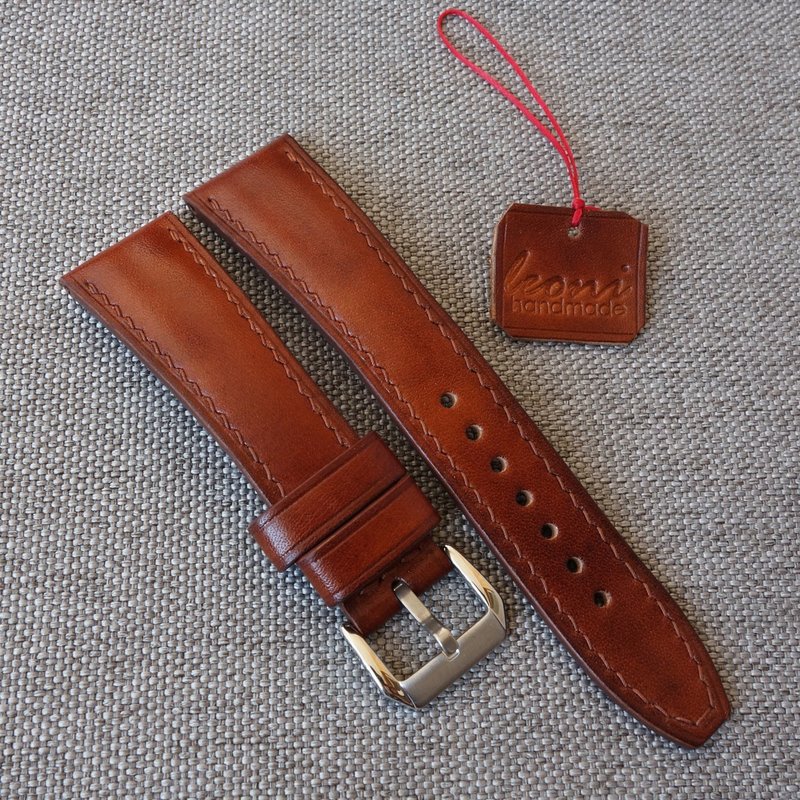 Watch Strap dark amber color, vegetable tanned leather, 18-26mm - สายนาฬิกา - หนังแท้ สีนำ้ตาล