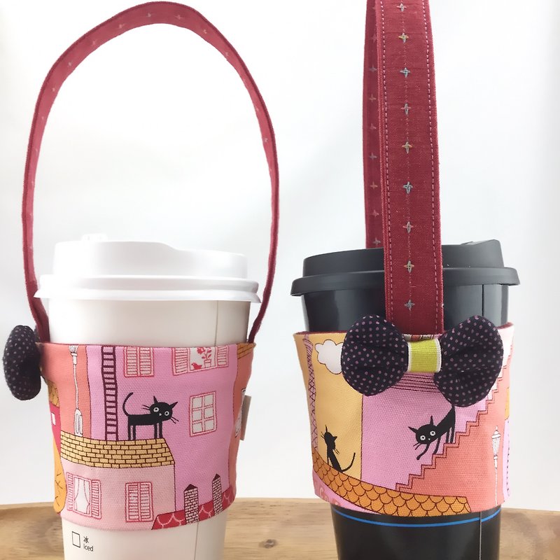 Pink Town Little Black Cat - Eco-Friendly Beverage - Fixed Straw - ถุงใส่กระติกนำ้ - ผ้าฝ้าย/ผ้าลินิน 