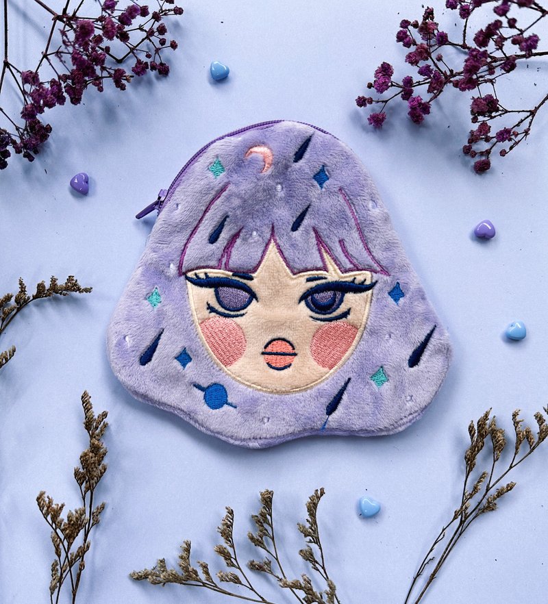 Light Purple Little Cosmos Hand Stitching Coin Purse - กระเป๋าใส่เหรียญ - ผ้าฝ้าย/ผ้าลินิน สีม่วง