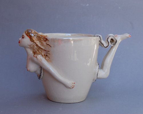PorcelainShoppe Lady Mug Nude Woman Figurine White Porcelain art mug Cup figurine Surprise mug