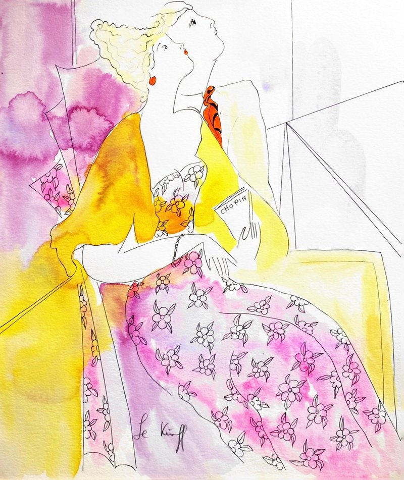 Linda Le Kinff - Chopin Chopard - Watercolor on print signed print - โปสเตอร์ - กระดาษ สึชมพู