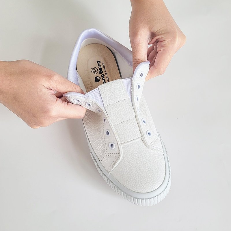 2 colors pebbled leather casual shoes water repellent elastic band lazy shoes milk tea color white shoes large Q bottom - Women's Casual Shoes - Faux Leather White