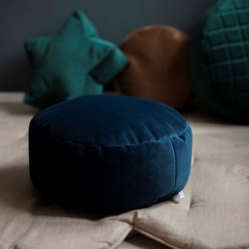 Cot and Cot Navy blue green velvet round bean bag chair - toddler nursery floor cushion