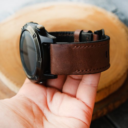 RuslieStraps Crazy Horse Cowhide Dark Brown Leather Garmin Watch Band With Quickfit