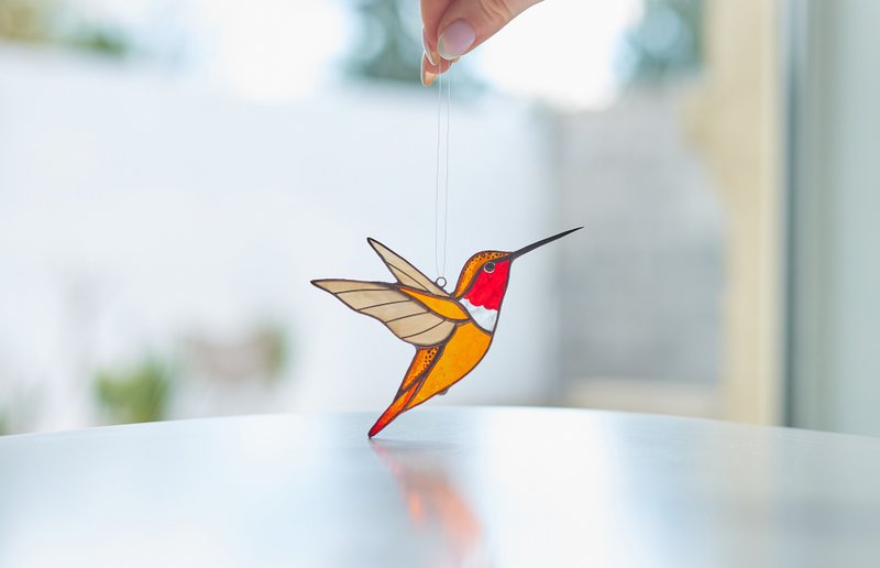 Hummingbird suncatcher stained glass, window hanging, modern decor - Items for Display - Glass Orange