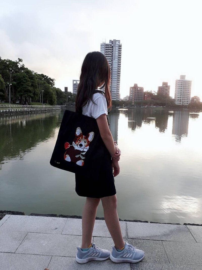 Corgi Canvas Bag Tote Shoulder Bag (Black) - Messenger Bags & Sling Bags - Cotton & Hemp Black