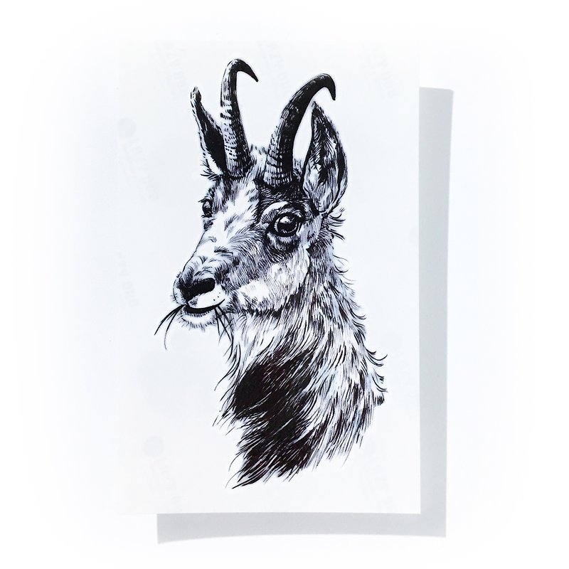 手描きの動物のイラスト、緑のヤギのタトゥーのステッカー、ナチュラルでニュートラルなメンズスタイルのヒッピーグリーンの装飾品 - タトゥーシール - 紙 ブラック