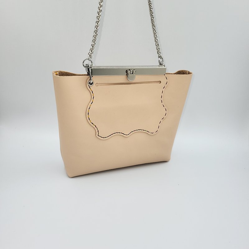 One-line gold double-shaped pocket milk tea color side backpack crossbody bag - Messenger Bags & Sling Bags - Genuine Leather Khaki