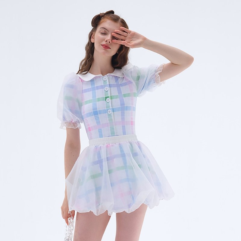 夢幻感 彩格拼接 紗紗裙 連體泳衣 - 女泳衣/比基尼 - 其他材質 