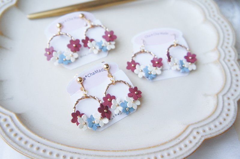 Flower half wreath dull color Clip-On or earrings - Earrings & Clip-ons - Genuine Leather Pink