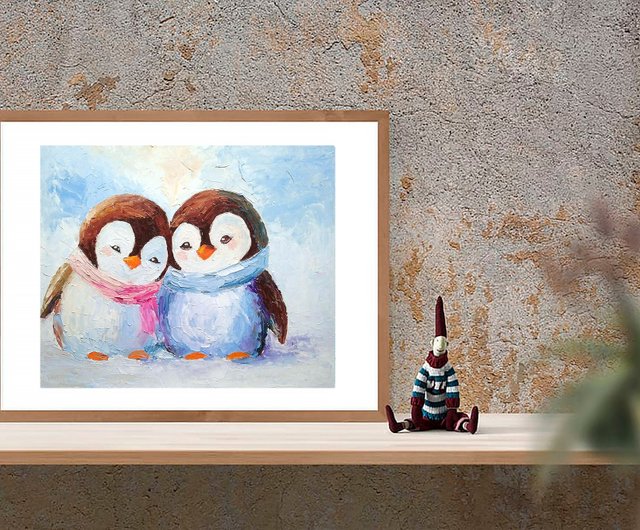 Original artwork of family of penguin couple with baby. penguin illustration. antarctica. penguin gifts fashion of penguin gifts. bird oil painting