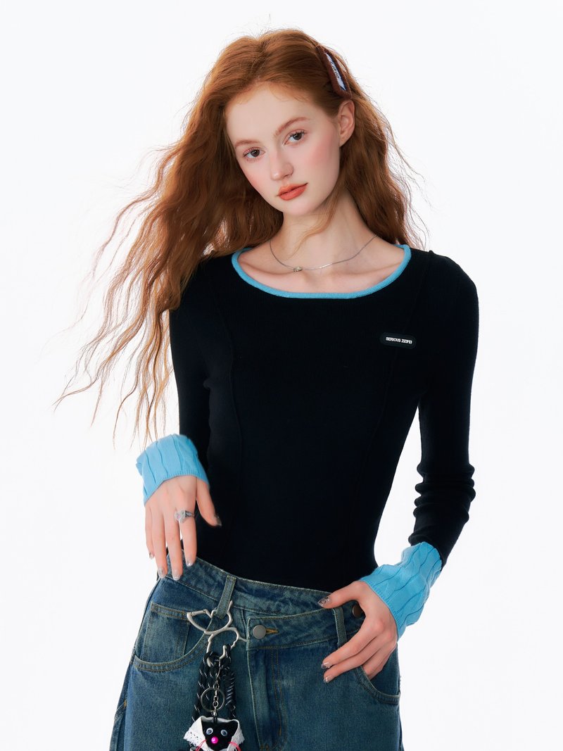 ziziFei autumn and winter American retro contrast color stitching design slim fit round neck knitted bottoming shirt for women - สเวตเตอร์ผู้หญิง - วัสดุอื่นๆ สีดำ