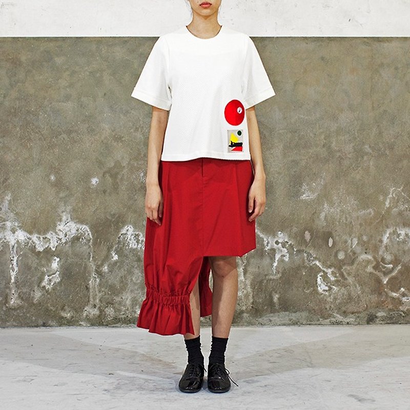 Red Asymmetrical Skirt - กางเกงขายาว - ผ้าฝ้าย/ผ้าลินิน สีแดง
