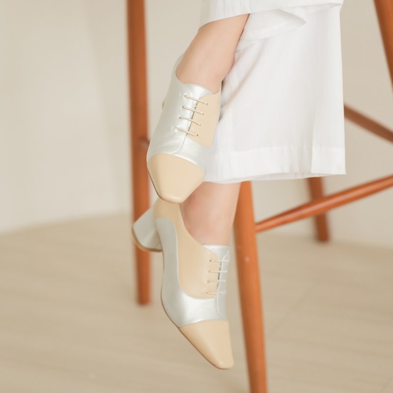 Stitching leather - square head strap chunky heels - ginkgo color - รองเท้าส้นสูง - หนังแท้ สีเงิน