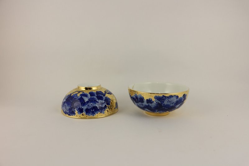 純手繪茶杯-全鎏金牡丹對杯(中圓杯)-青花 - 茶壺/茶杯/茶具 - 瓷 藍色