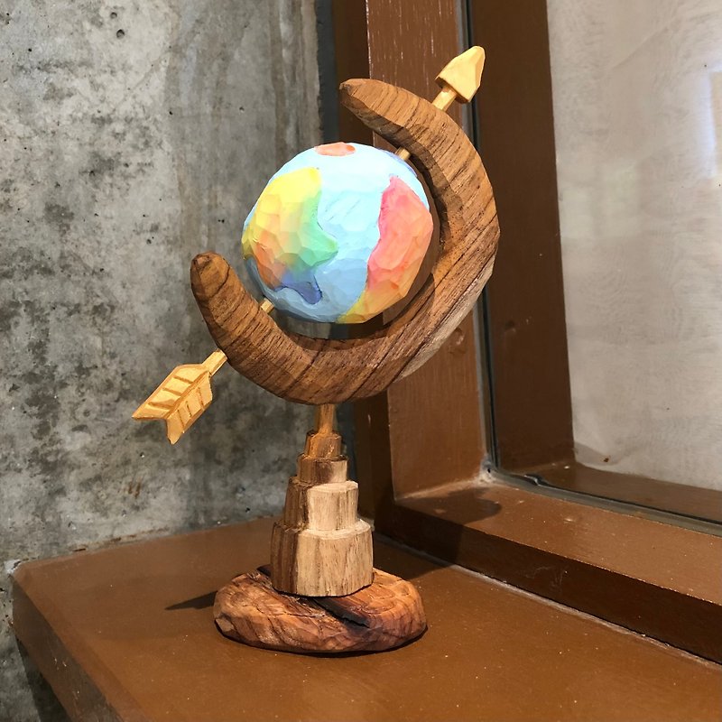 キューピッドの地球儀 - 木彫り - 置物 - 木製 多色