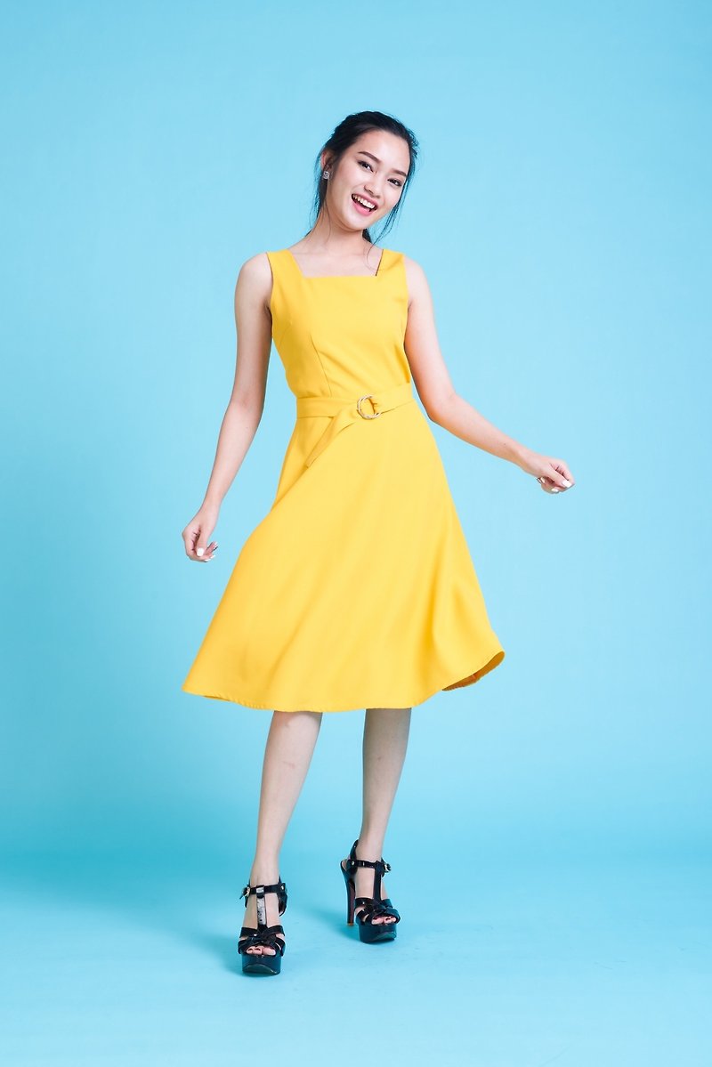 A line mix swing Dress Party Dress Yellow Dress Vintage Dress Summer Casual  - 連身裙 - 聚酯纖維 黃色
