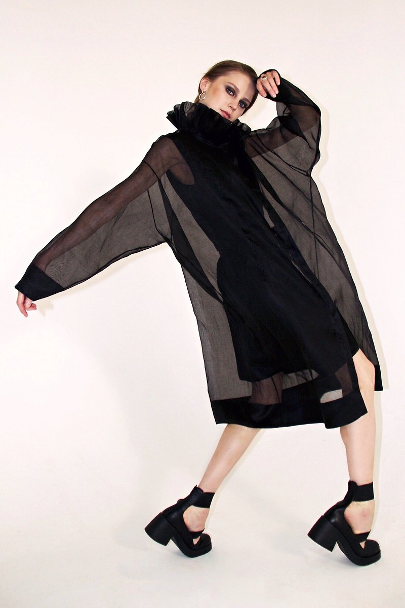 Black slip pure silk satin cocktail dress Transparent organza coat Gothic cover - One Piece Dresses - Silk 