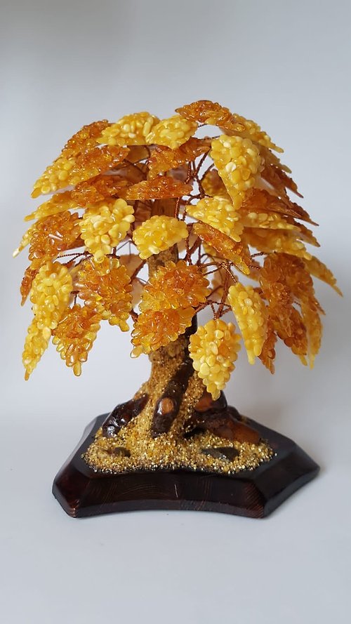 【信頼】大きな琥珀の木、金のなる木、琥珀の葉、 置物