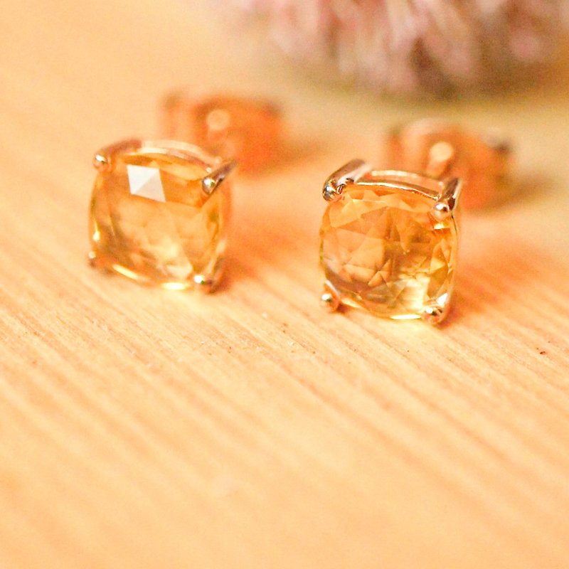 ELEVATION - 6mm Cushion Rose Cut Faceted Citrine 18K Rose Gold Plated Silver Earring Stud - Earrings & Clip-ons - Gemstone Yellow