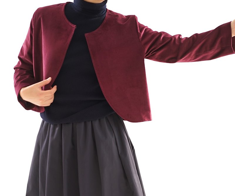Velveteen round neck Bolero jacket Cupra lined / Bordeaux b5-20 - Women's Casual & Functional Jackets - Polyester Red