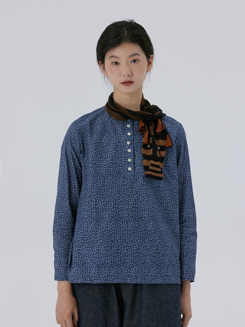 清新全棉印花藍色小花襯衫 - 女上衣/長袖上衣 - 棉．麻 多色