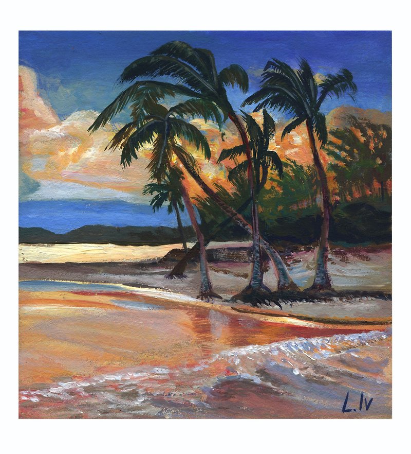 オリジナル絵画ハワイビーチヤシの木、海景アーティストトレーディングペインティング - その他 - 紙 多色
