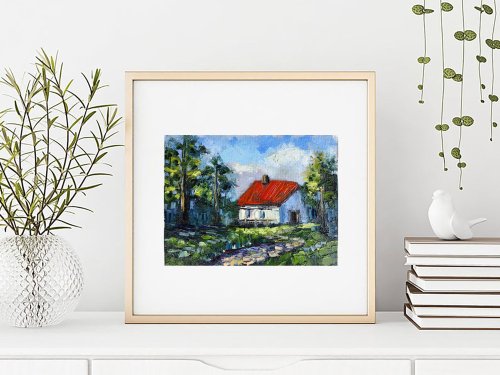 村の絵画油彩田舎のオリジナルアート油畫原作夏の牧草地の風景画