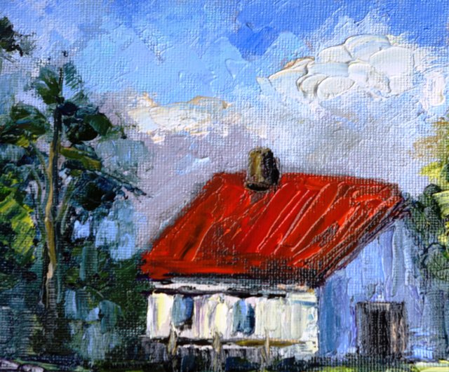 村の絵画油彩田舎のオリジナルアート油畫原作夏の牧草地の風景画