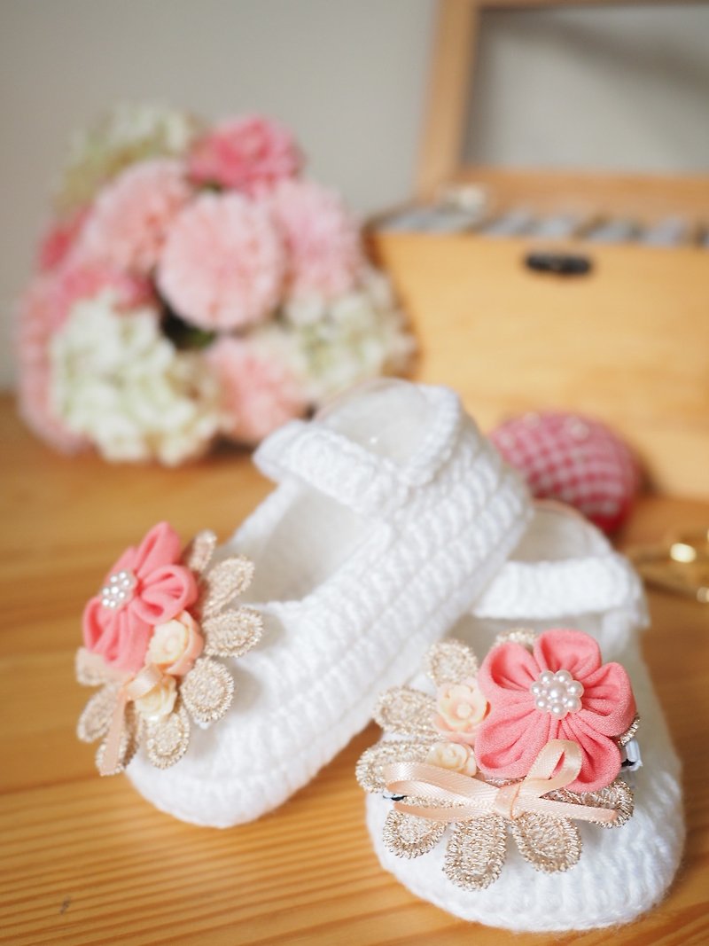 嬰兒鞋子髮夾套裝 - 彌月禮盒 - 棉．麻 粉紅色