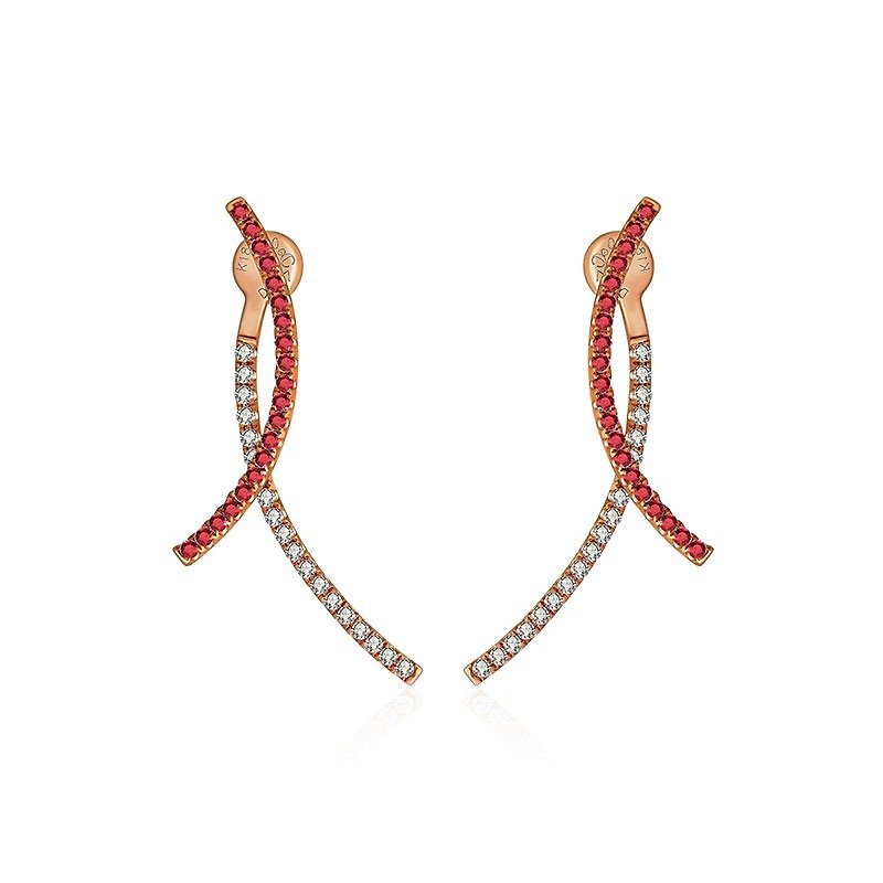 Double Curve Diamond Earring With Ruby - ต่างหู - เครื่องเพชรพลอย สีเหลือง