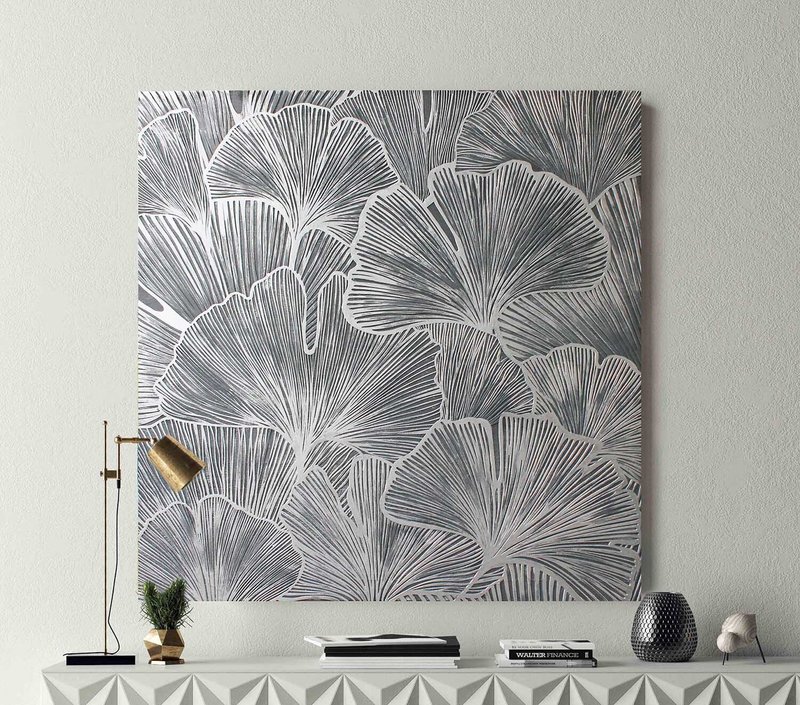 Ginkgo Wall Art| Textured Wall Art| Silver Ginkgo Abstract Painting| Ginkgo - 壁貼/牆壁裝飾 - 棉．麻 銀色