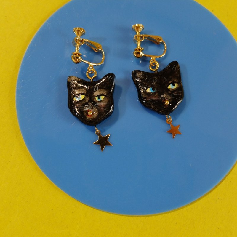 Cute star cat ear clip adjustable 925 white fungus nails black cat original double-sided hand-painted pattern meow meow - Earrings & Clip-ons - Sterling Silver Black